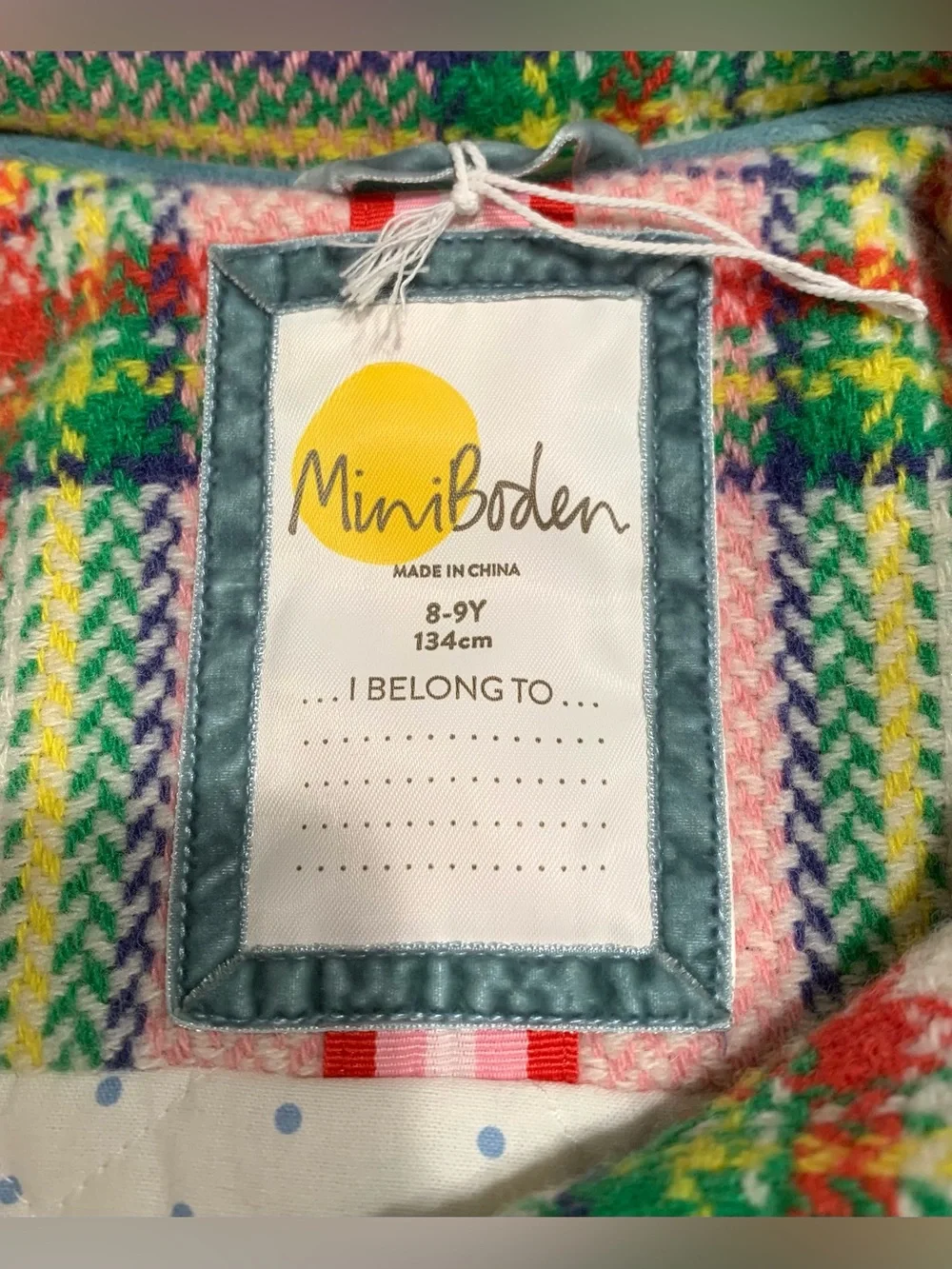 Mini Boden Colorful Plaid Wool Blend Coat Sz 8-9Y